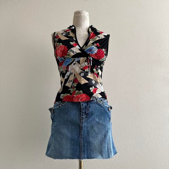 Vintage black floral print sleeveless top size L - Picture 1 of 8